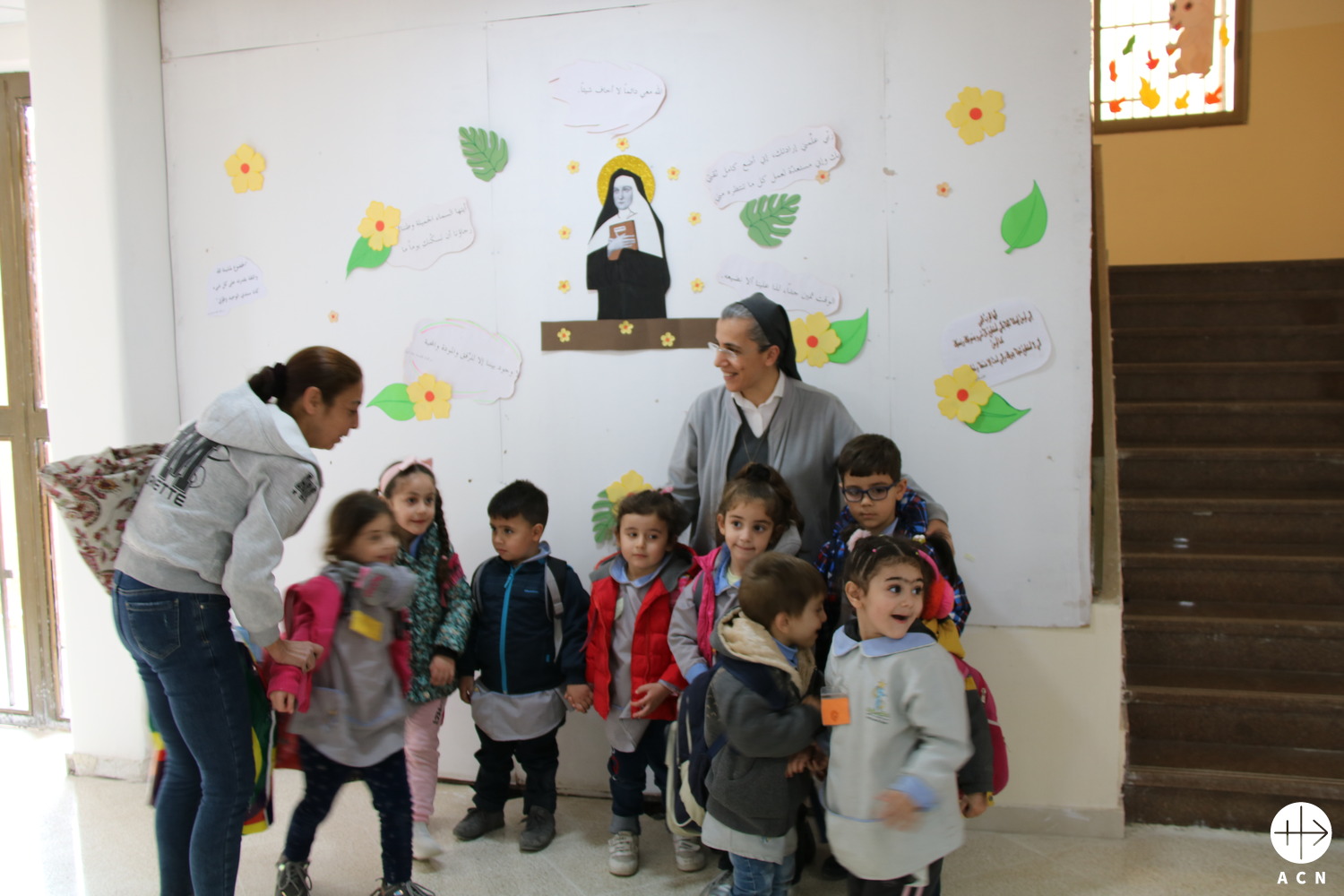 Hermana Jihanne en la Escuela Al-Riaya en Damasco, Siria. (ACN)