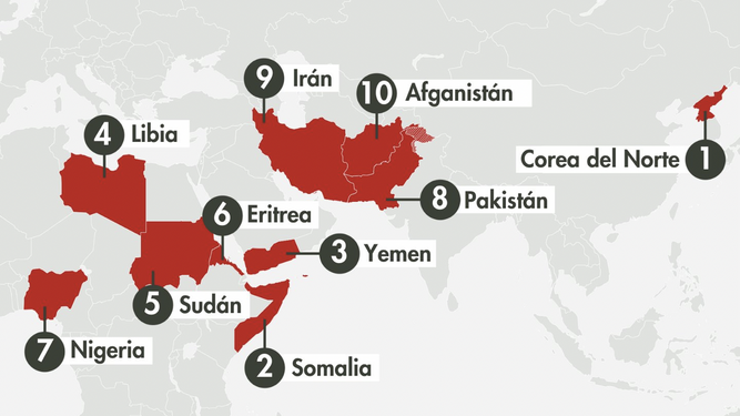 Mapa de los 10 paises más peligrosos para los cristianos, según la LMP