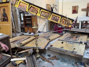 Daños tras el atentado terrorista en la iglesia greco-ortodoxa de San Elías en Dweila, Damasco (Siria). © Patriarcado Greco-Ortodoxo de Antioquía